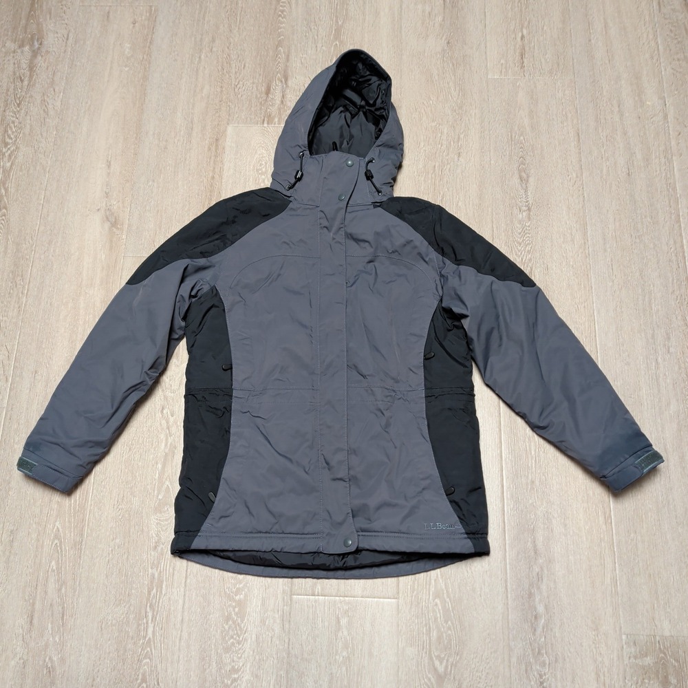 LL Bean Waterproof Primaloft Insulated Hooded Parka Jacket Womens M Gray Black